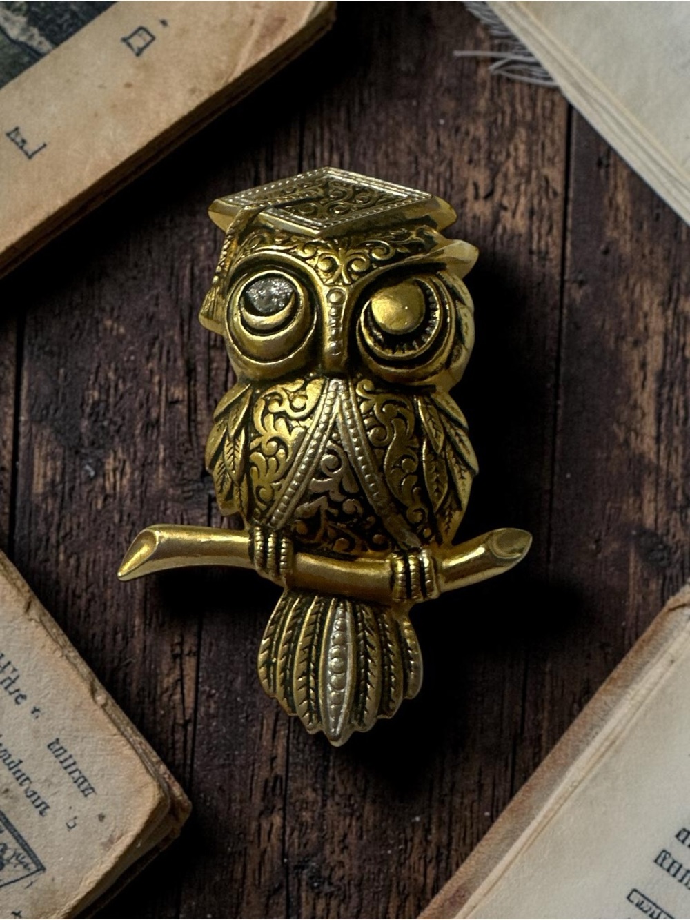 Gold Owl Brooch Pin - Elegant Filigree Design